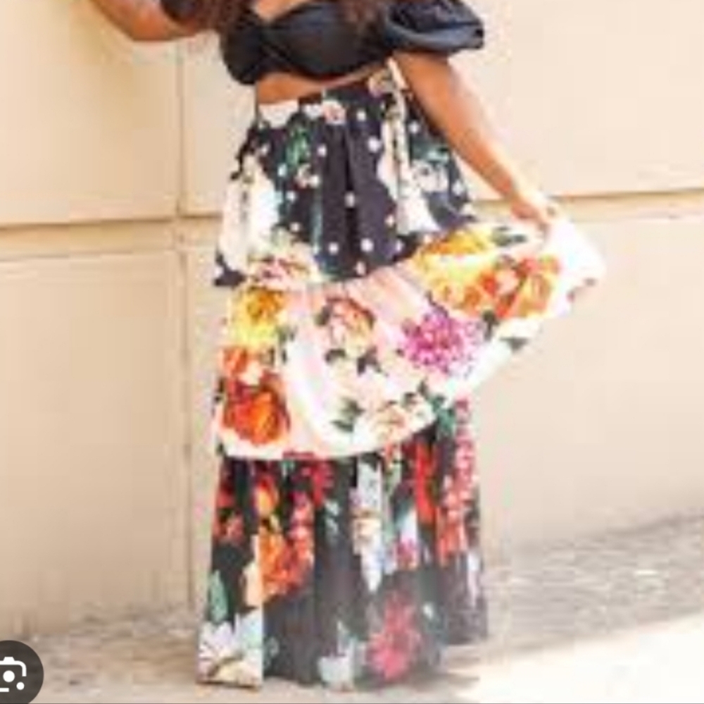 new directions Floral Tiered Maxi Skirt in Black, Pink, Yellow, Green